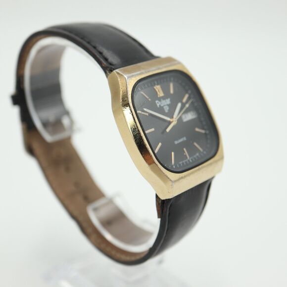 Vintage Pulsar Gold Tone Tank Watch 33mm Day Date Black Leather w New Battery